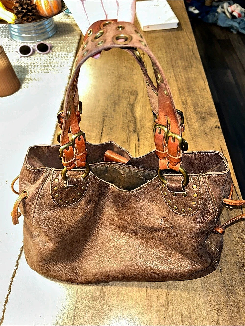 Fossil Vintage 1954 Grommet Leather Shoulder Bag Brown